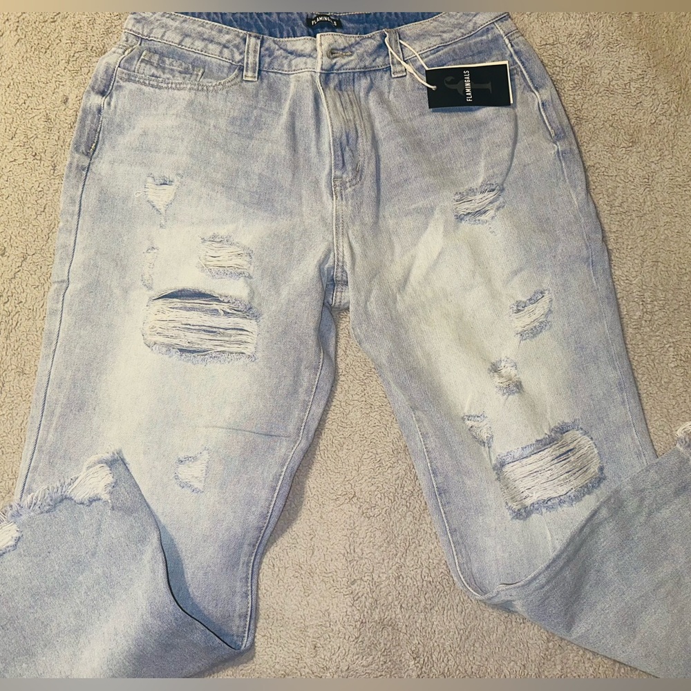 Trendy Light Blue Distressed Straight Leg Jeans